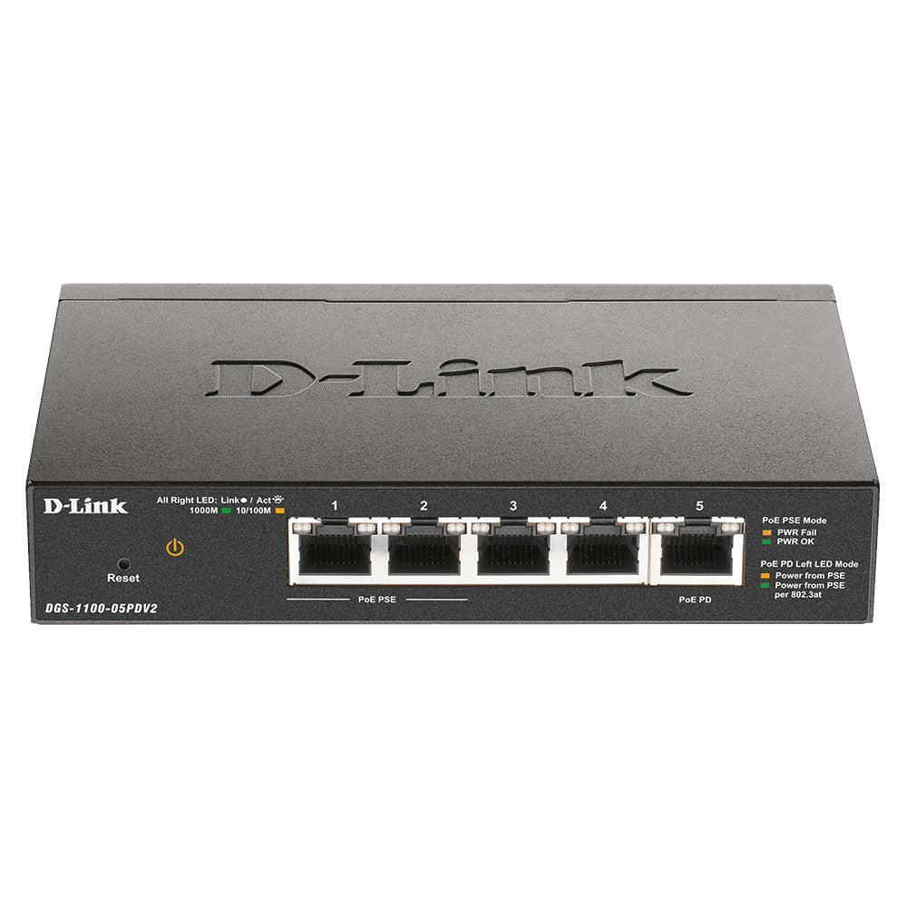 D-Link DGS-1100-05PDV2 5-Port Gigabit PoE Smart Managed Switch and PoE Extender (New)