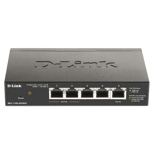 [DLKDGS110005PDV2] D-Link DGS-1100-05PDV2 5-Port Gigabit PoE Smart Managed Switch and PoE Extender (New)